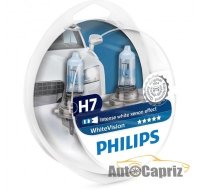 Галогенные лампы Лампа галогенная Philips H7 WhiteVISION +60% 3700К 2шт/блистер 12972WHVSM