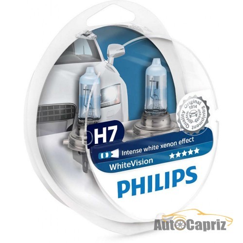 Галогенные лампы Лампа галогенная Philips H7 WhiteVISION +60% 3700К 2шт/блистер 12972WHVSM